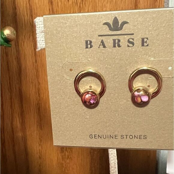 NWT  Barse Genuine Stones Gold and Pink Spiny oyster Matrix Stud Earrings #BJER - Picture 1 of 5